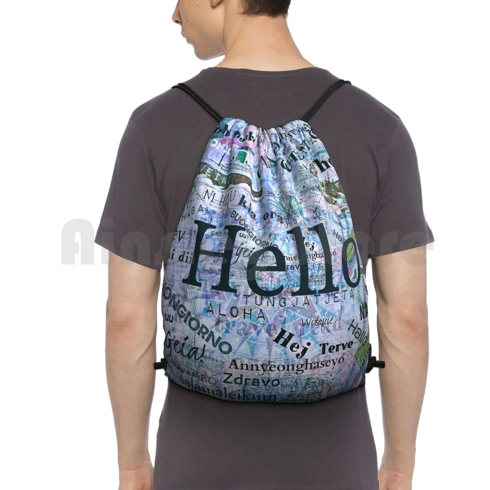 Hello In Different Languages Backpack Drawstring Bags Gym Bag Waterproof Entryway Typography Hola Ciao Salut Hello