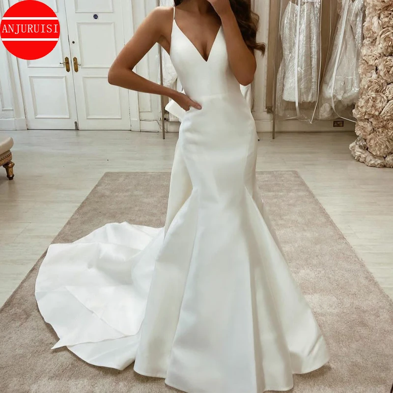 

Spaghetti Straps Wedding Dress Mermaid Satin Sexy V Neck Bow Back Vestido De Novia 2022 Bride Gown Robe Mariage Boda Trouwjurk