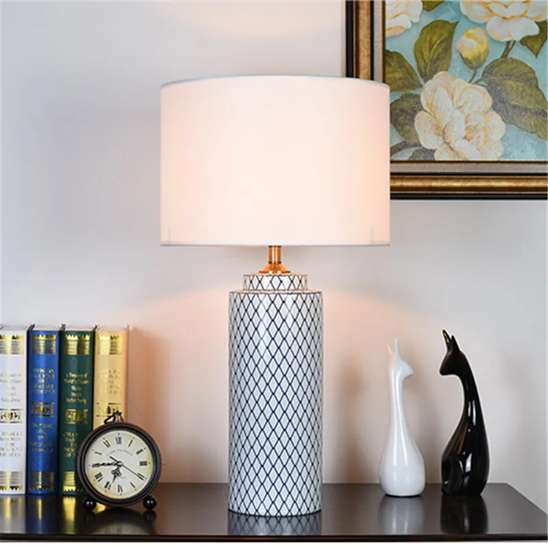 White Lattice Plaid Cylinder Ceramic Table Lamp Hall Bed Room Foyer Study Desk Reading Light TD079