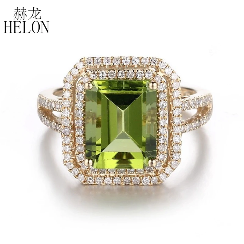 

HELON 10x8mm Emerald Cut Peridot Women Ring Solid 14K Yellow Gold Natural Diamonds Engagement Ring For Women Trendy Fine Jewelry