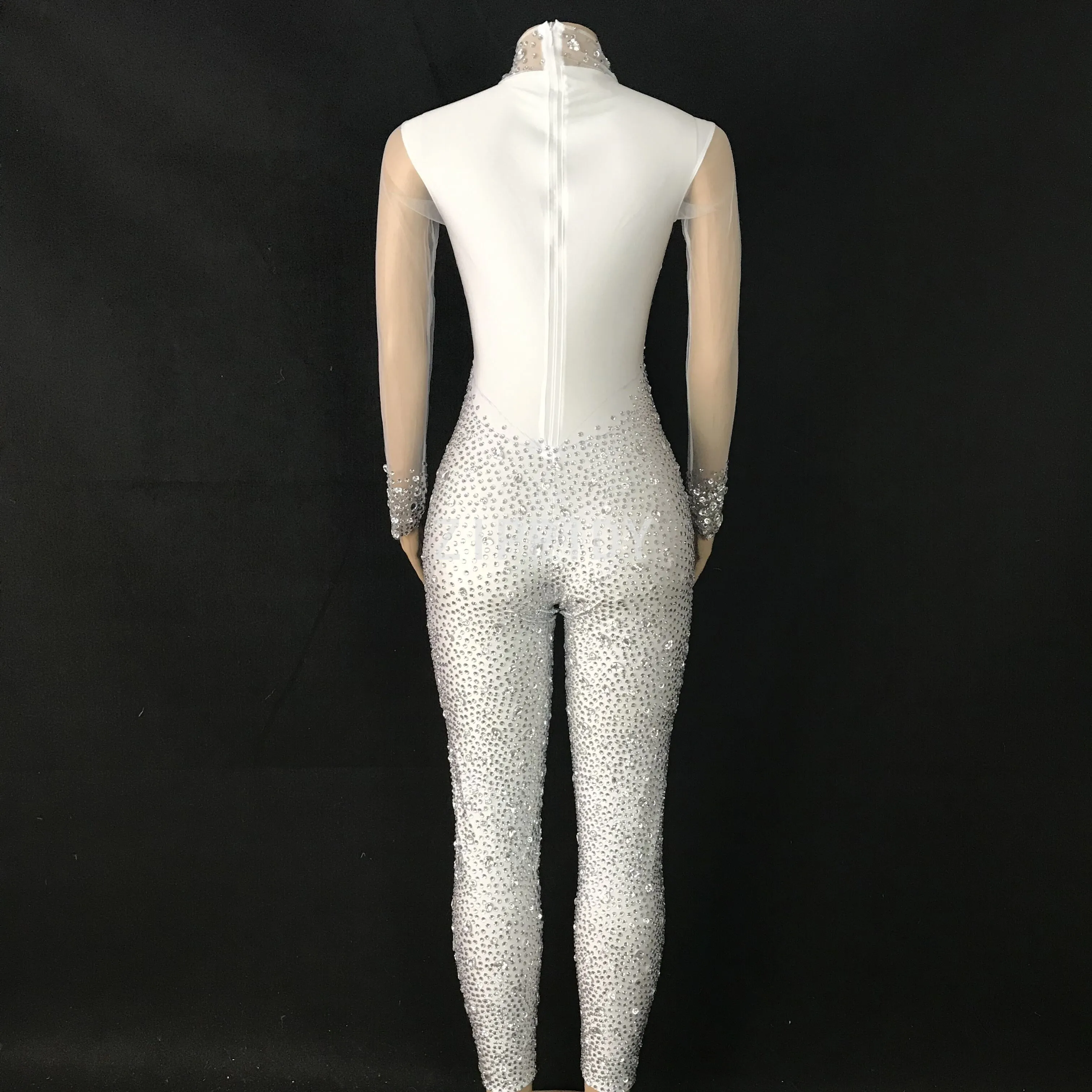 Silver Rhinestones White Mesh Jumpsuit Full Stones Leggings Female Singer Show Club Outfit Prom Party Celebrate Wear