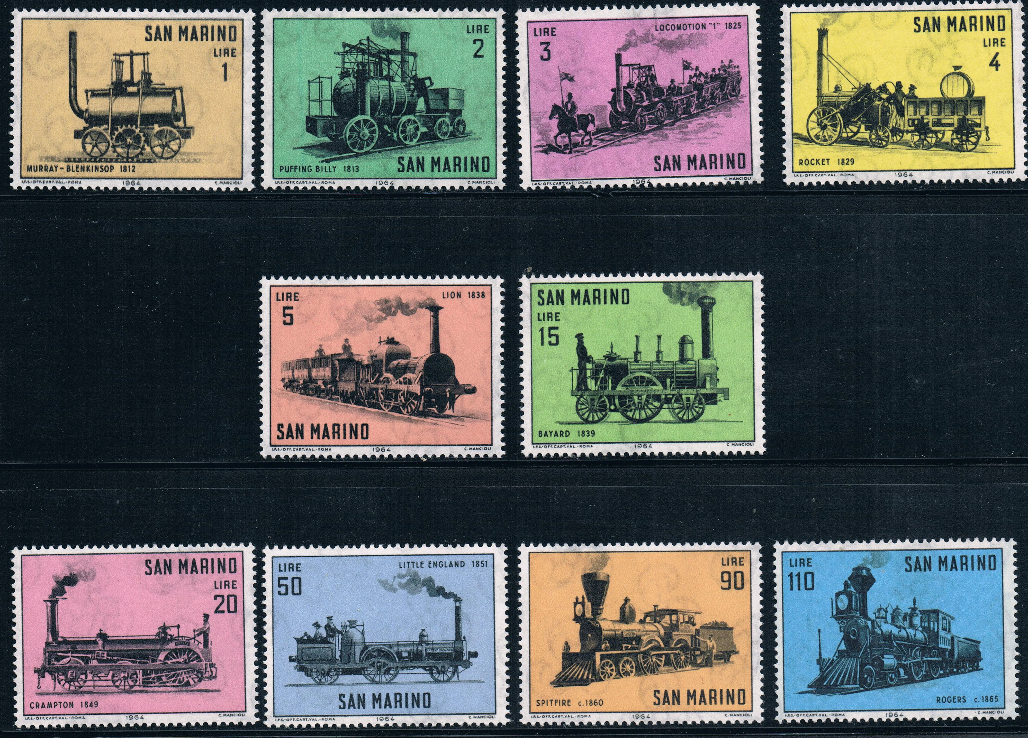 10Pcs/Set New San Marino Post Stamp 1964 Old Stream Train Stamps MNH