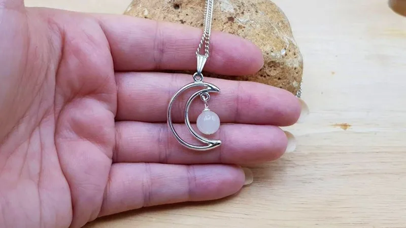 Crescent moon Moonstone Pendant. Crystal Reiki jewelry. June's Birthstone. White 8mm stone. crystals