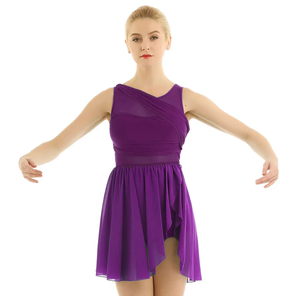 Womens Adult Gymnastics Leotard Skating Ballet Jersey Dress Cut Out Asymmetric Stretchy Tight Fitting Ballet Lyrical Dance Dress