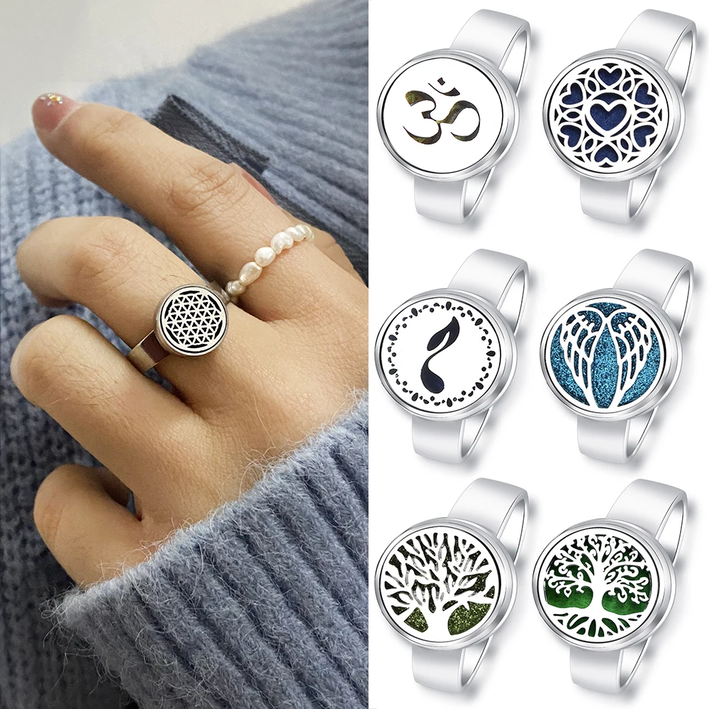 Fashion Tree Of Life Aromatherapy Ring Stainless Steel Spiral Open Perfume Diffuser Locket Heart-Shaped Angel Wing Rings Jewelry