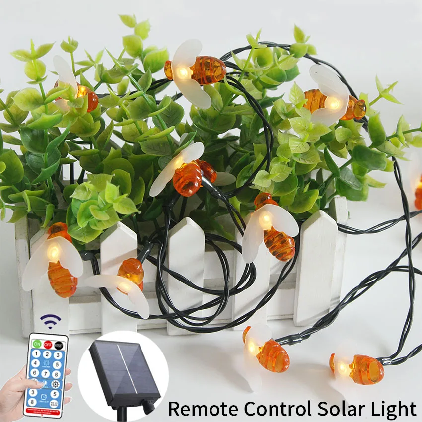 Remote Control Solar LED Light Outdoor Honey Bee Waterproof Jardin String 20leds 50leds 100L Garden Christmas Decor Garland Lamp