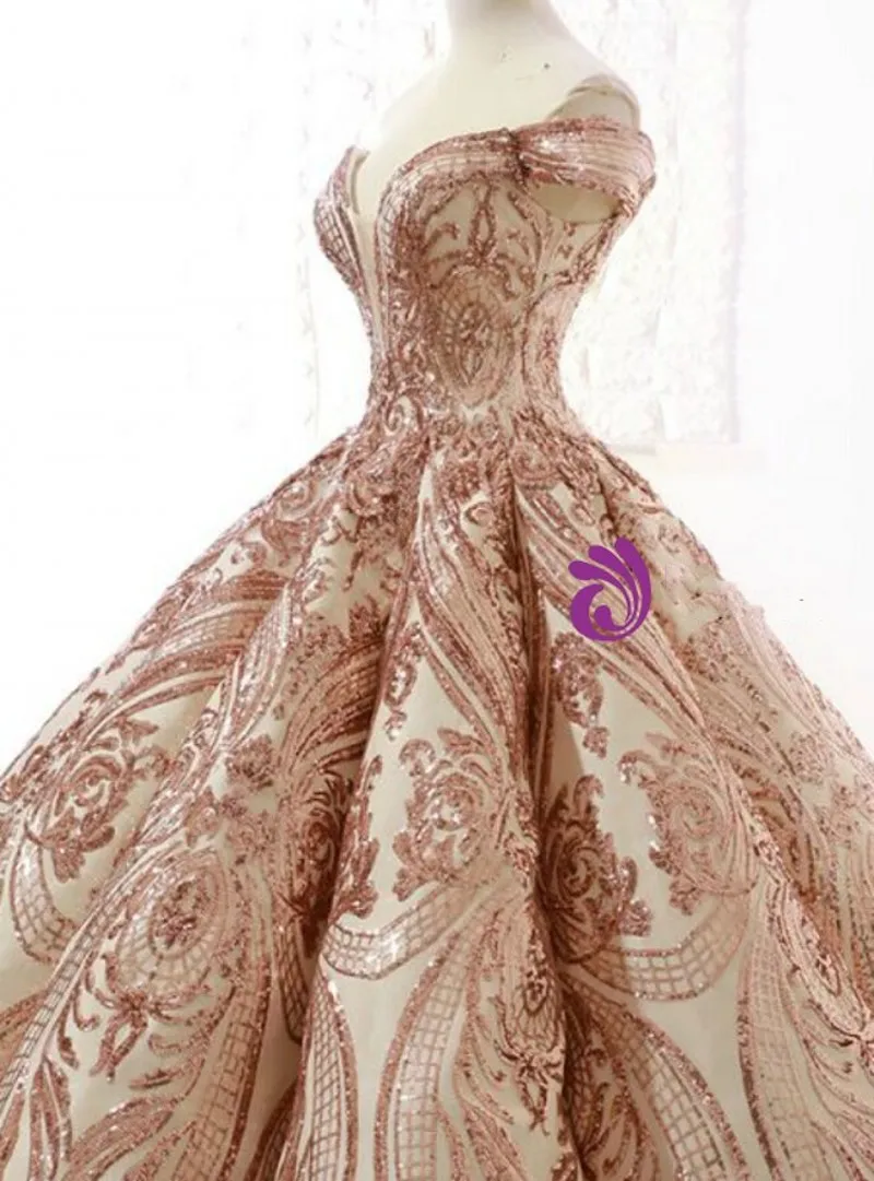 รูปภาพจริง Vestidos De 15ปี Quinceanera ชุด2022ทองคำสีกุหลาบเลื่อม Applique หวาน16ปิดไหล่ประกวด Gowns