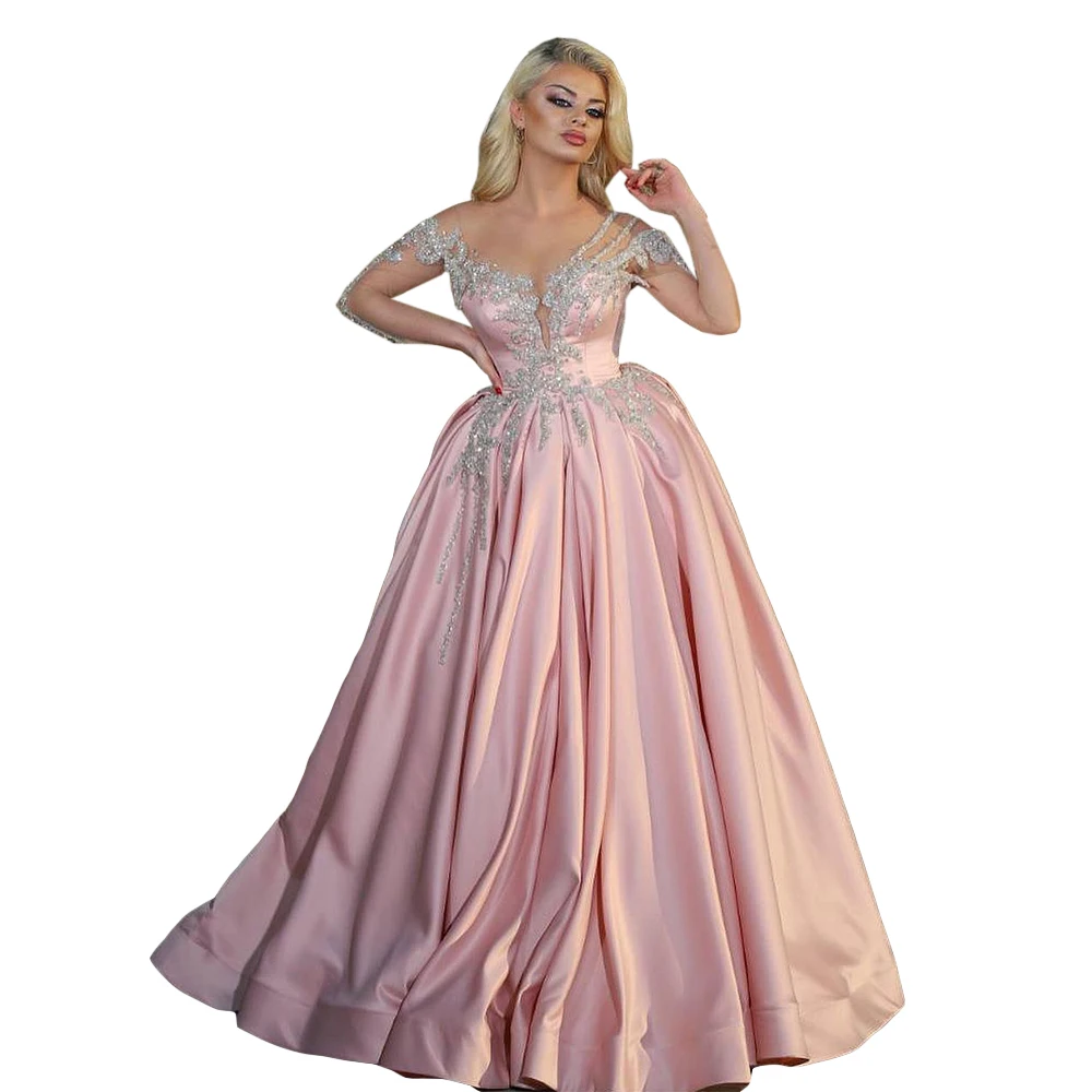 فستان زفاف بسيط مزين بالترتر وأكمام طويلة طول الأرض خط مصنوع حسب الطلب من الساتان فستان الزفاف فيستدو دي نوفيا