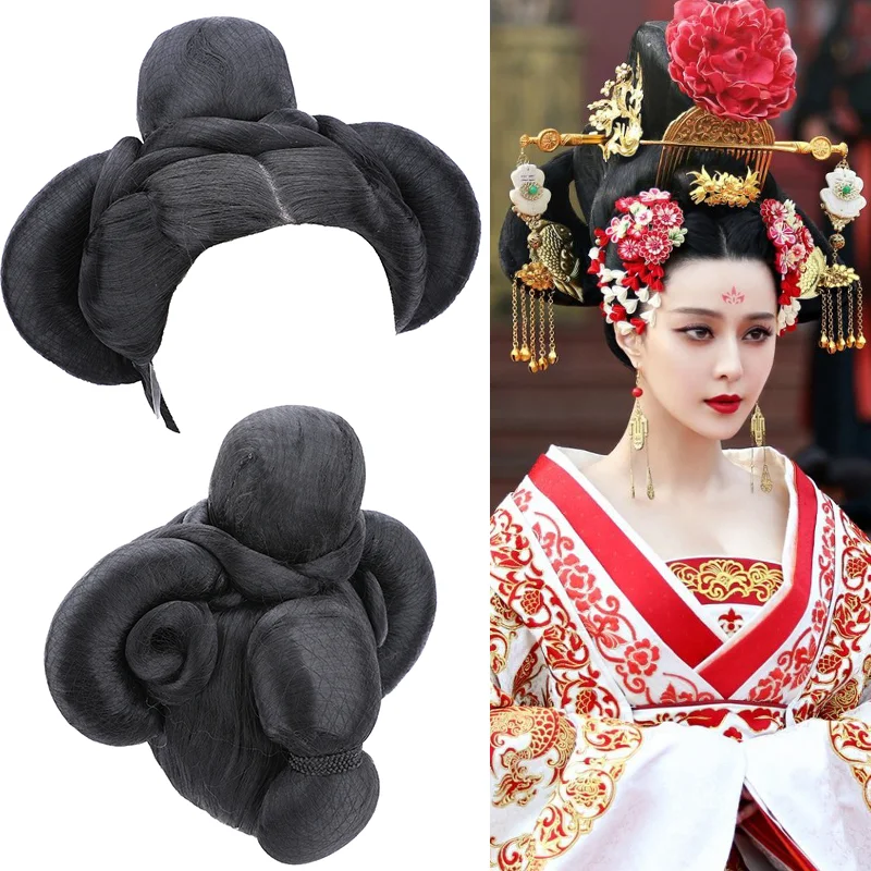 China Tang Dynasty Princess Dress Up Hair Empress Hair Products Easy To Wear Black Queen Wu Zetian Cosplay Hair Piece Vintage