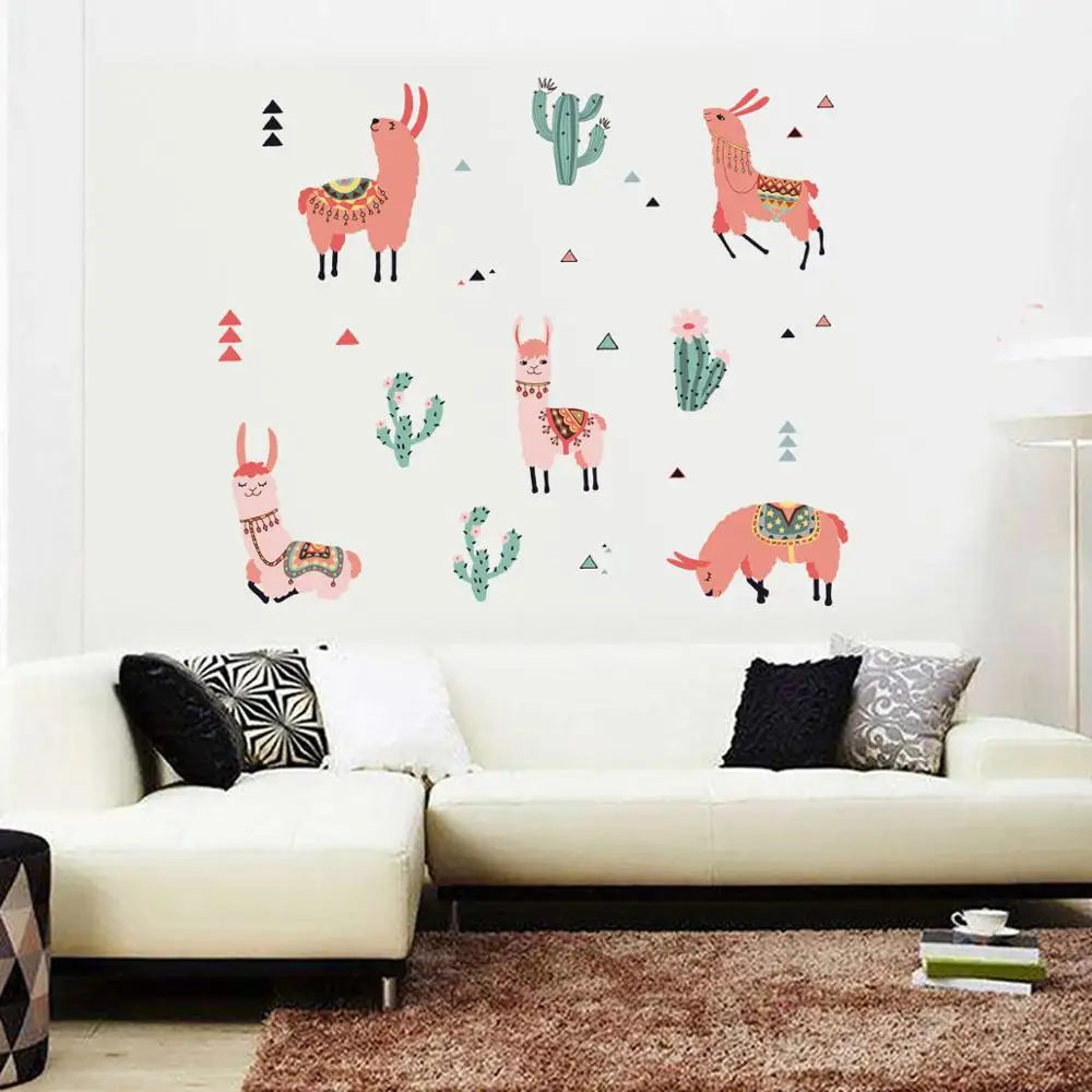 1PCS Cute Pink Alpaca Cactus Wall Sticker For Kids Baby Living Room Bedroom Window Decoration Art Home Decaoration 40*60cm