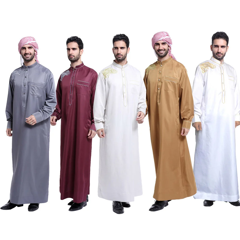 

New Muslim Moroccan Long Sleeve Islamic Men's Embroidery Solid Color Robe Arabic Kaftan Saudi Dubai Clothing Men Worship Abaya