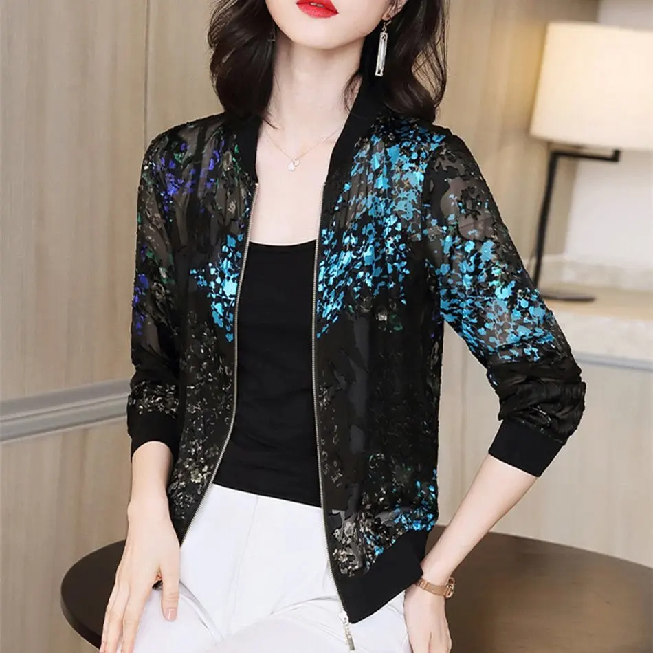 New Fashion Summer Women Bomber Print Jacket Long Sleeve Basic Jacket Coats Women Thin Slim Short Female Jackets Plue Size