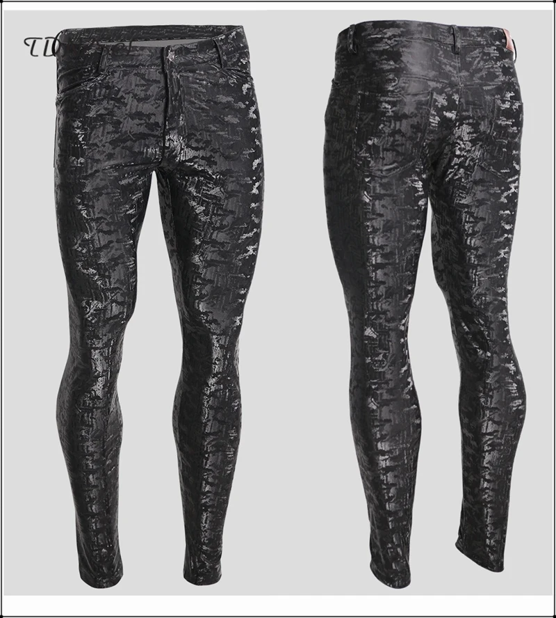 Men Camouflage PU velvet Slim Pencil Pants Mid Waist Skinny High Elastic Leggings Casual Tight Camo Jeans Gay Trousers Custom