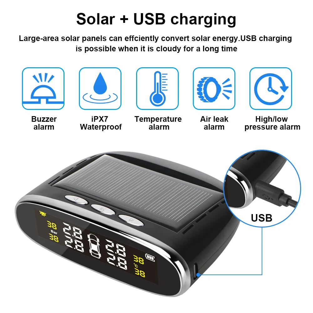 Wireless Solar TPMS Car Tire Pressure Sensors Monitoring System Tyre Diagnostic Tools Digital Set,Portable Tester Gauge Optional