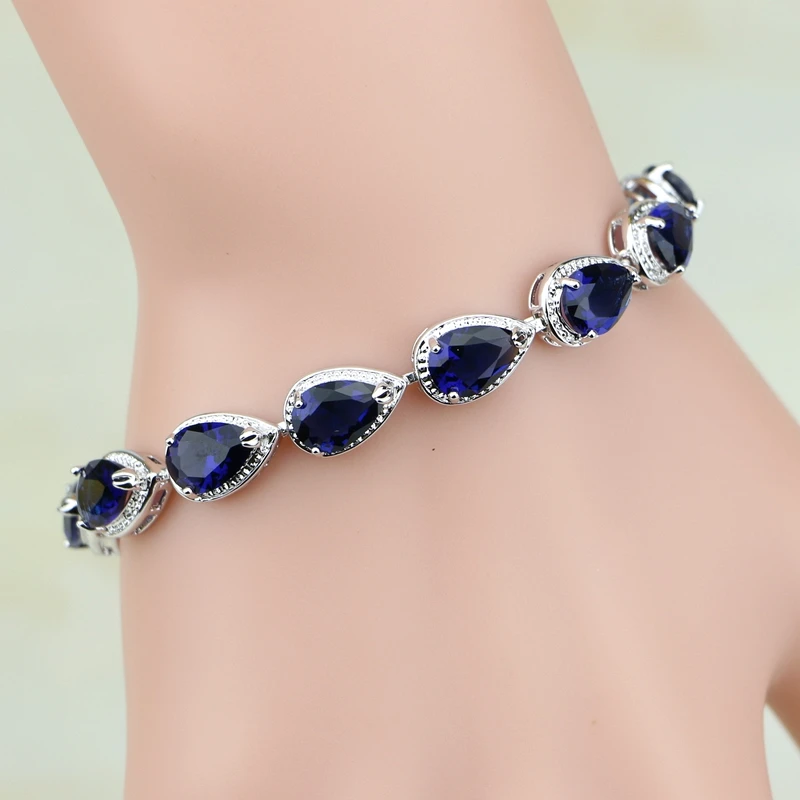 Water Drop Blue Australian Crystal Charm Bracelet 925 Sterling Silver Chain Link Adjustable Bracelet For Women Free Gift Box