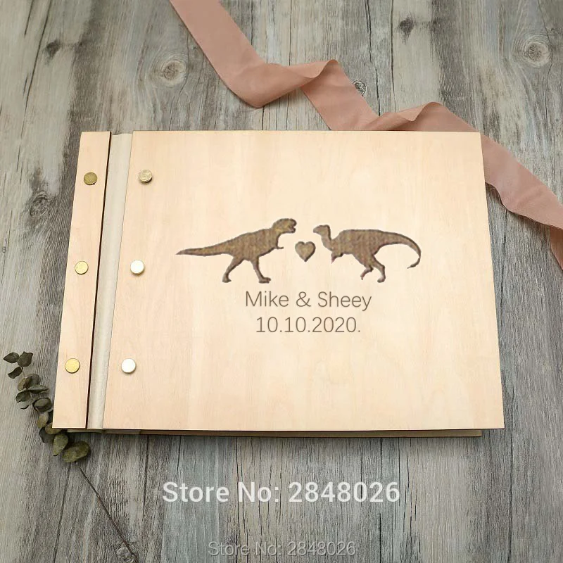 

Rustic engraved Dinosaur Love wedding guestbook,Custom wooden Wedding Memory guest book, personalized sign in album