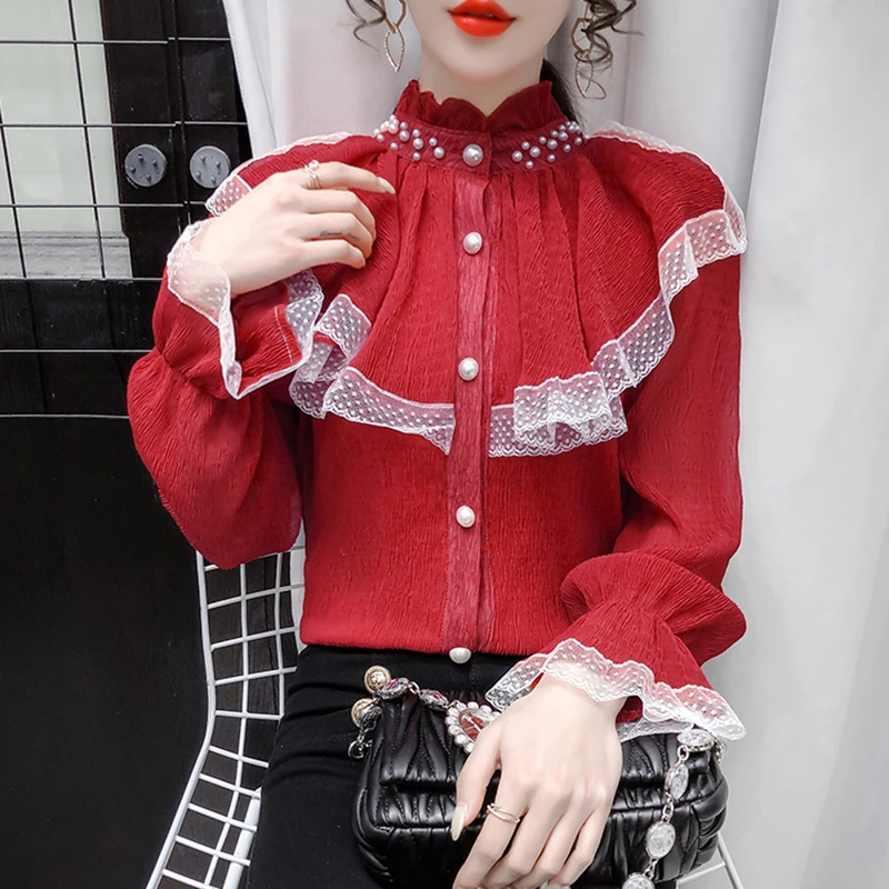 French Vintage Court Palace Style Blouse Long Sleeve Shirt Chic Lace Ruffled Victorian Women Elegant Loose Pearl Beading Tops