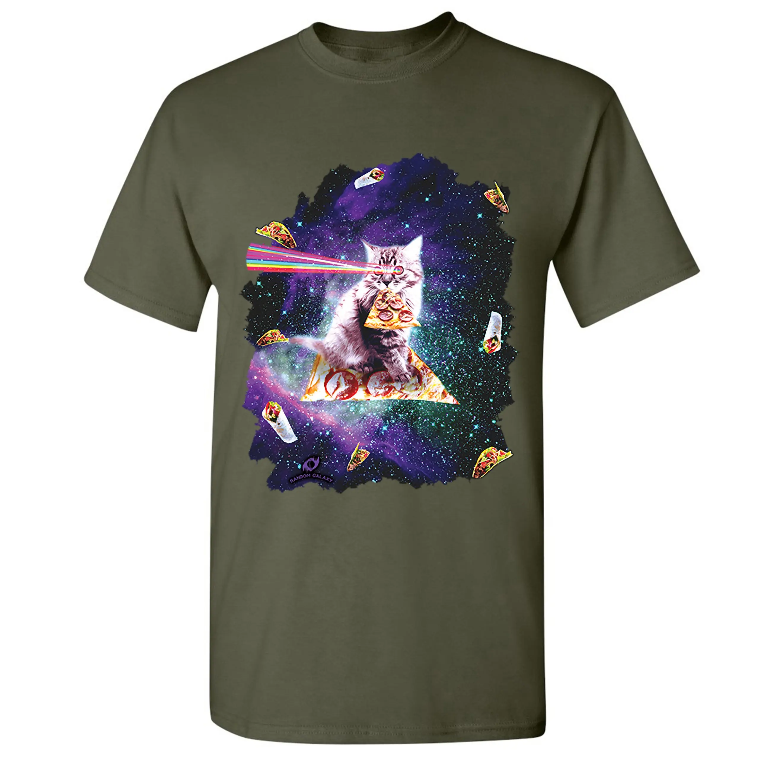 Cat Firing Rainbow Laser Riding Pizza Slice In Space. Funny Cat Graphic T-Shirt. Summer Cotton O-Neck Short Sleeve Mens T Shirt