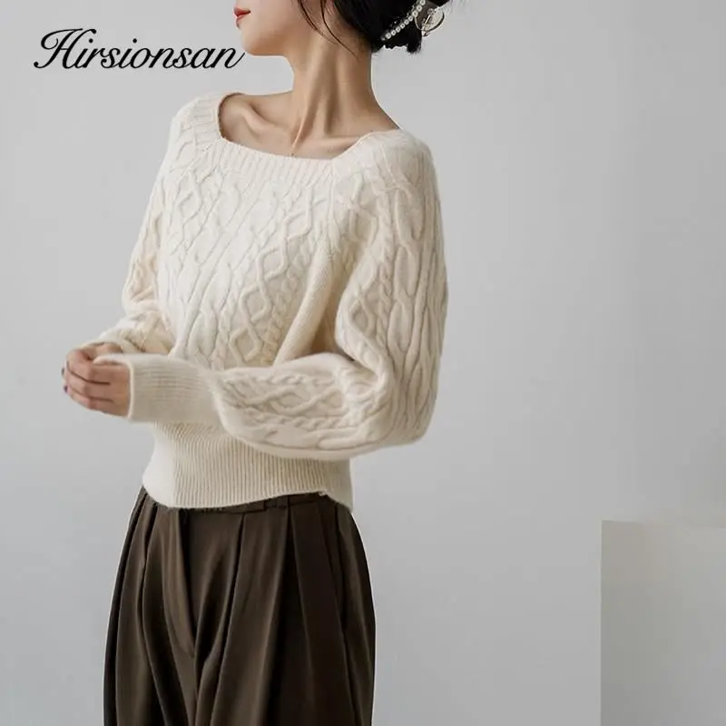 Hirsionsan Square Neck Short Sweater Women Elegant Chic Casual Knitted Pullovers Autumn Korean Soft Sexy Knitwear Female Jumper