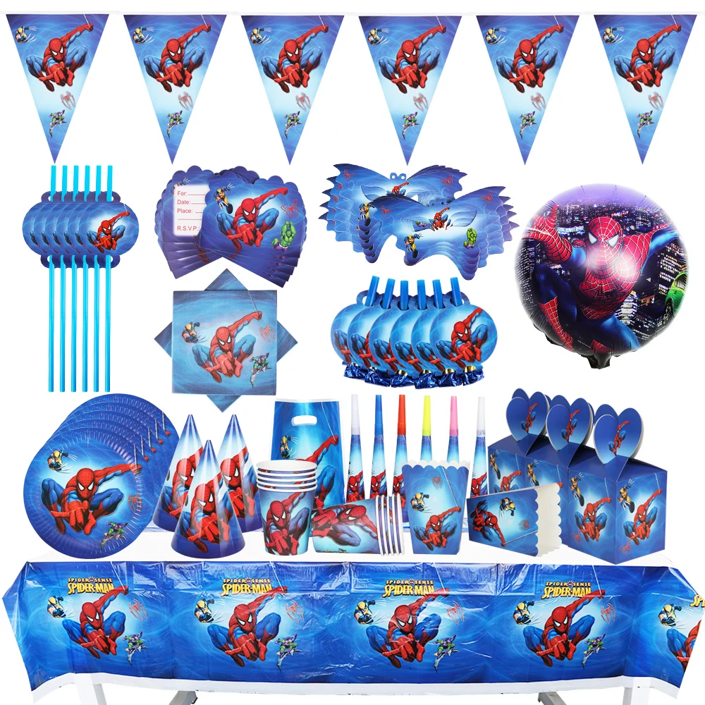 1Set Spiderman Balloons Happy Birthday Banners Party Decor Baby Shower Supplies Boy Cup Plate Napkin Straw Disposable Tableware