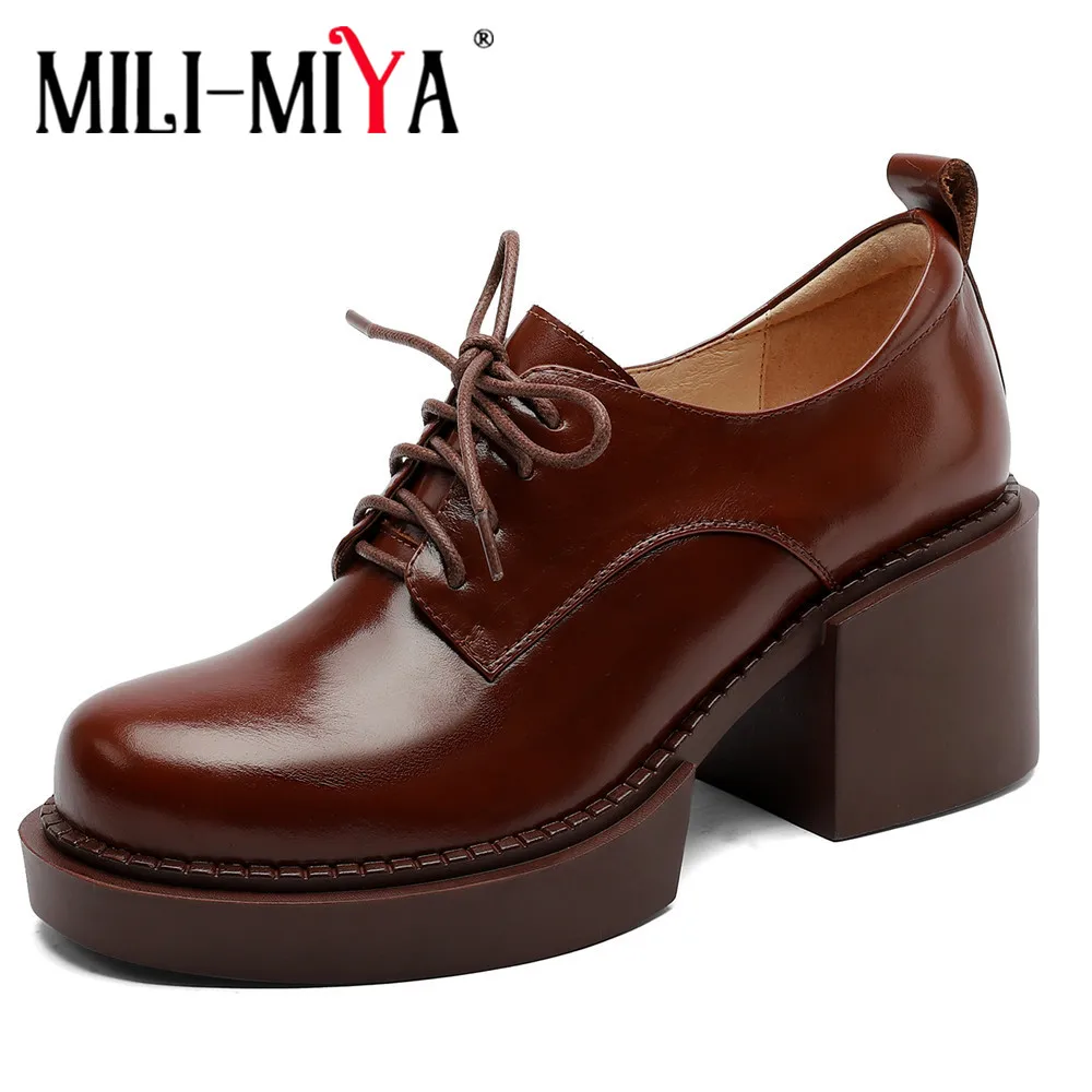 MILI-MIYA Cozy Genuine Leather Thick Bottom Woman Thick Heel Pumps Lace Up Round Top Ladies Footwear 2022 Autumn Winter Shoes