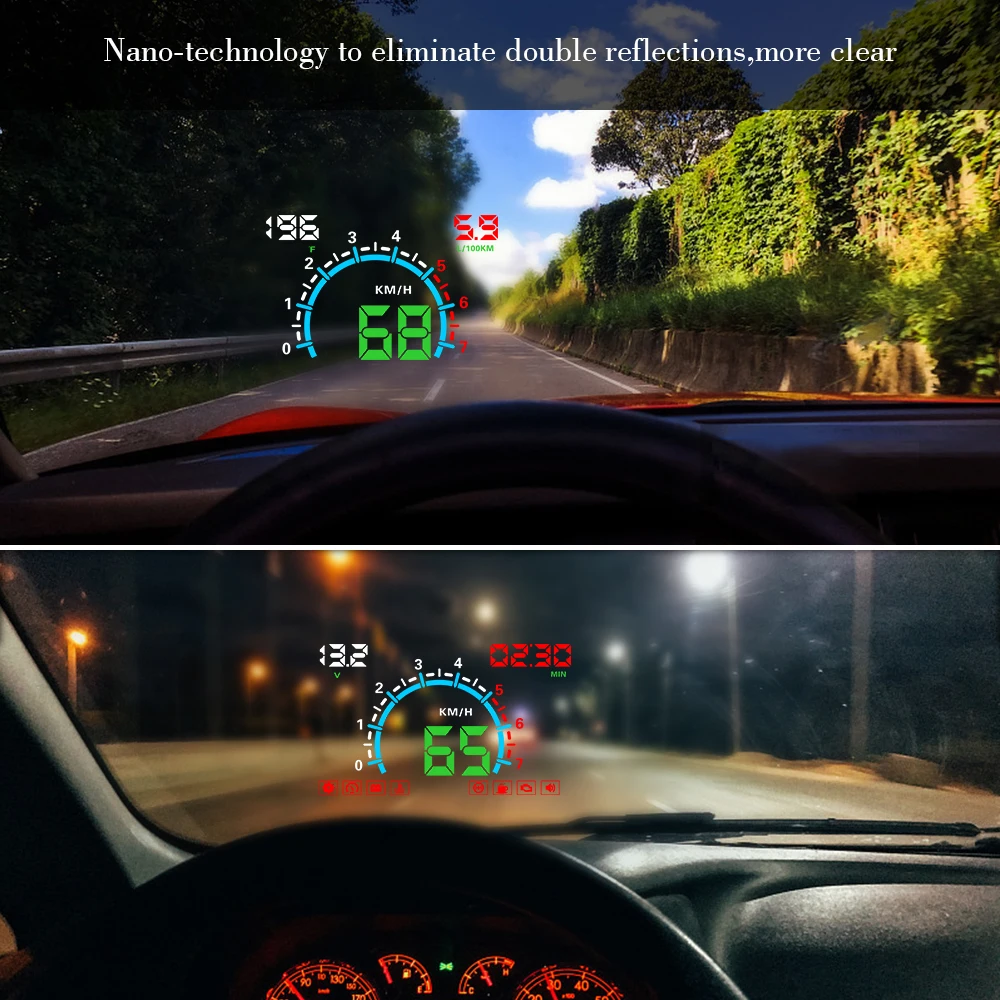 Car HUD 5.8 inch OBD2 Head-Up Display Digital Speed Windshield Projector Overspeed Alarm Water Temp RPM Voltage Plug and Play