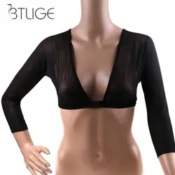 BTLIGE-T-shirt à Manches sulfpour Femme, Noir, Blanc, Maille, Bouton Avant, Couvre-Bras