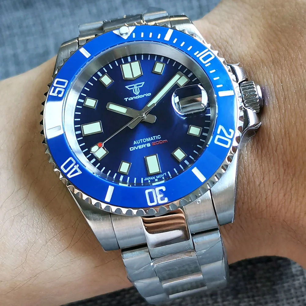 

Tandorio 40mm Automatic Men Watch 24 Jewels NH35 Blue Sunburst Dial Luminous Auto Date 200M Waterproof Sapphire Glass Steel Band