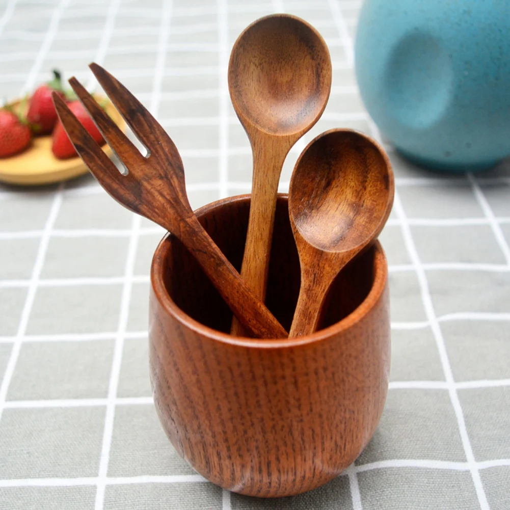 Natural Wood Spoon & Fork Tableware Solid Wood Child Honey Stir Spoon Fork Portable Handmade Household For Kicthen