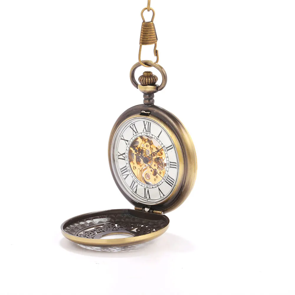 Copper color hollow carved white surface scale mechanical pocket watch Creative retro gift value exquisite flip pocket watch