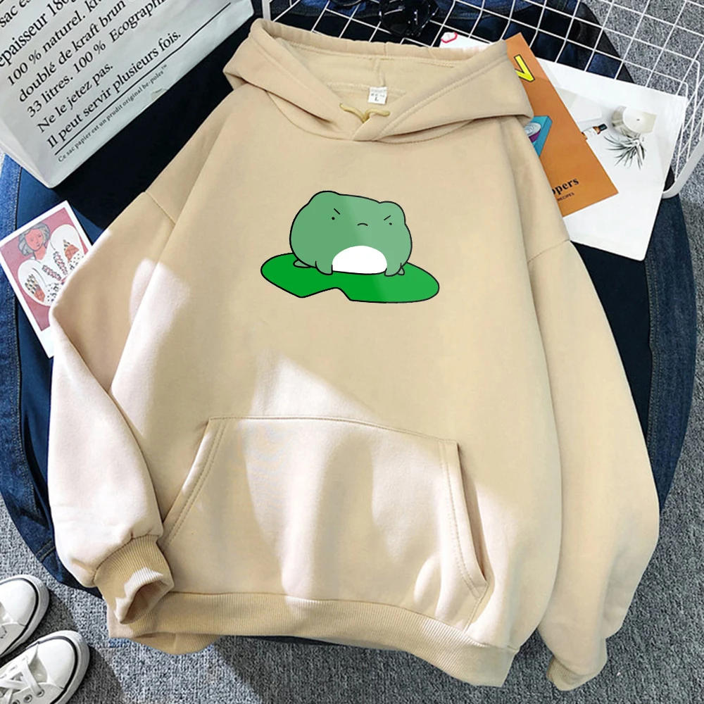 Winter Skateboard Frog Oversized Sweatshirt Men And Women\'s Hoodies Harajuku Warm Pullover Drawstring Beige Male Korean style