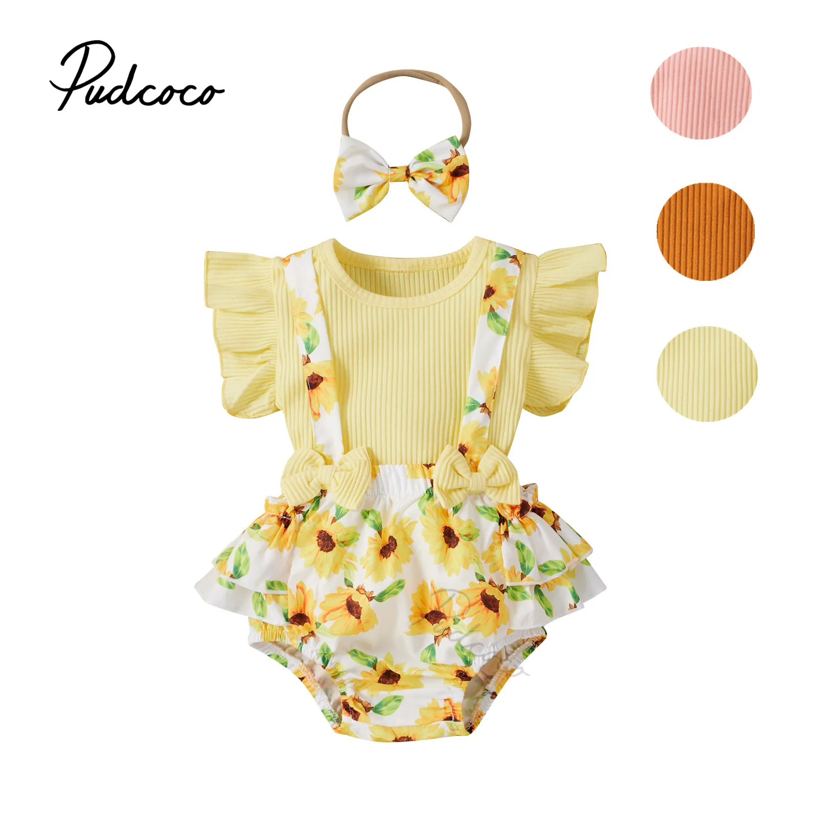 Toddler Baby Sunflower Printing Three-pieces Set, Infant Girl O-neck Flying Sleeve Tops + Suspender Shorts + Headband Set Summer