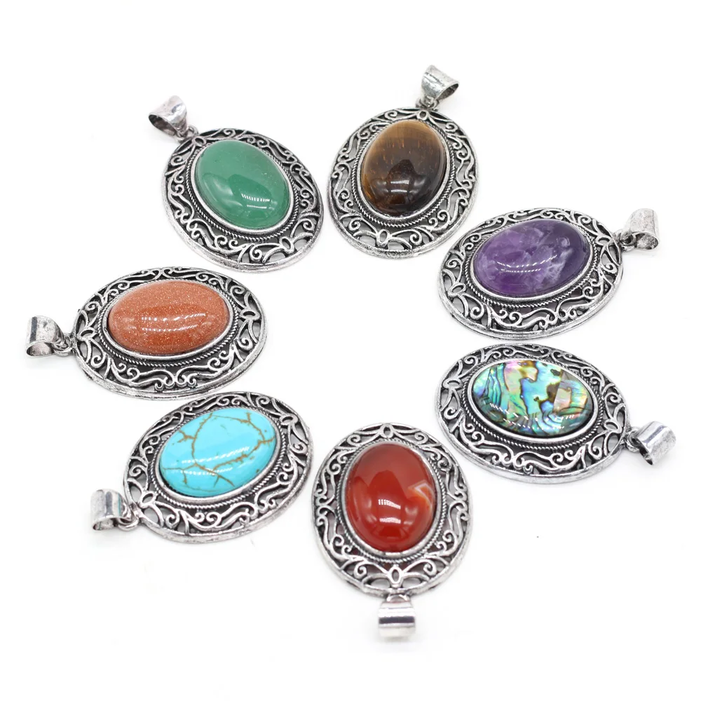 Wholesale Retro Natural Abalone Shell Pendant Egg Shape Semi-precious Stone Tiger Eye Charms DIY for Jewelry Making Necklace