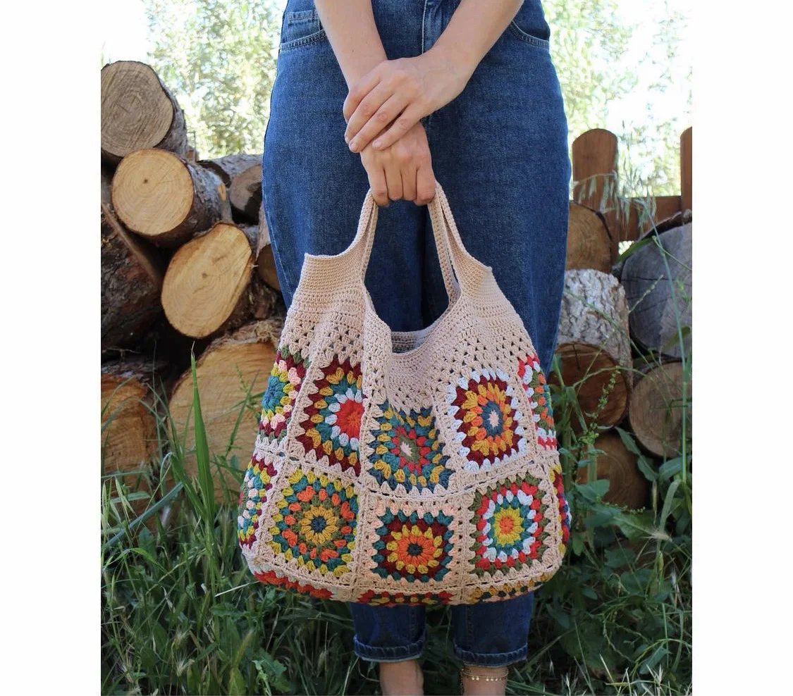 Light Color Granny Square Crochet Handbags Boho Chic Vintage Hippie Women Bag Cute Purses With High-Capacity DIY Kintting