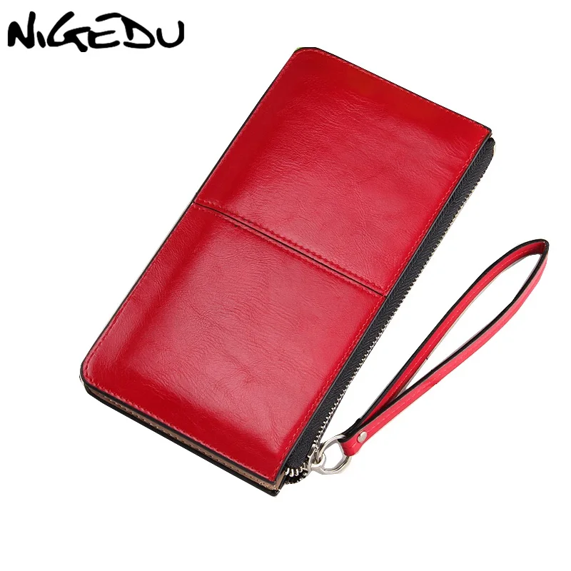 NIGEDU Brand Oil Wax Leather Women Clutch Wallet Long Zipper Wallets Female Candy Color Purse Lady Multi-Function Phone Bag