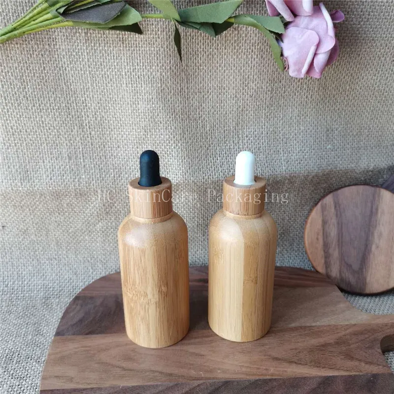 100pcs/lot 15ml 30ml 50ml  Essential Oil Empty Bottles with Natural Bamboo Dropper Black/White  Rubber Perfum Cosmetic Container