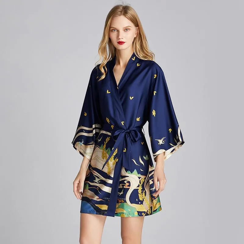 Bata Kimono con estampado azul marino para mujer, camisón de suave y sedoso satén, Sexy, corto, informal, para el hogar