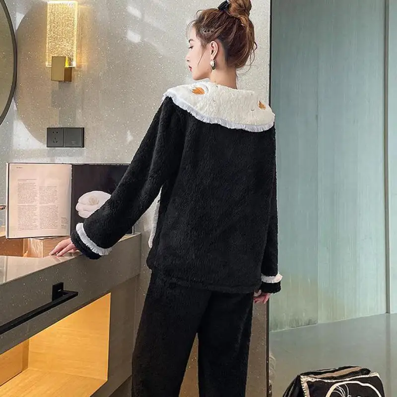 Autumn Winter PJS Set Women Pajamas Suit Warm Winter Sleepwear Lapel Flannel Home Clothes Two-piece Shirt&Pants Cute Nightwear