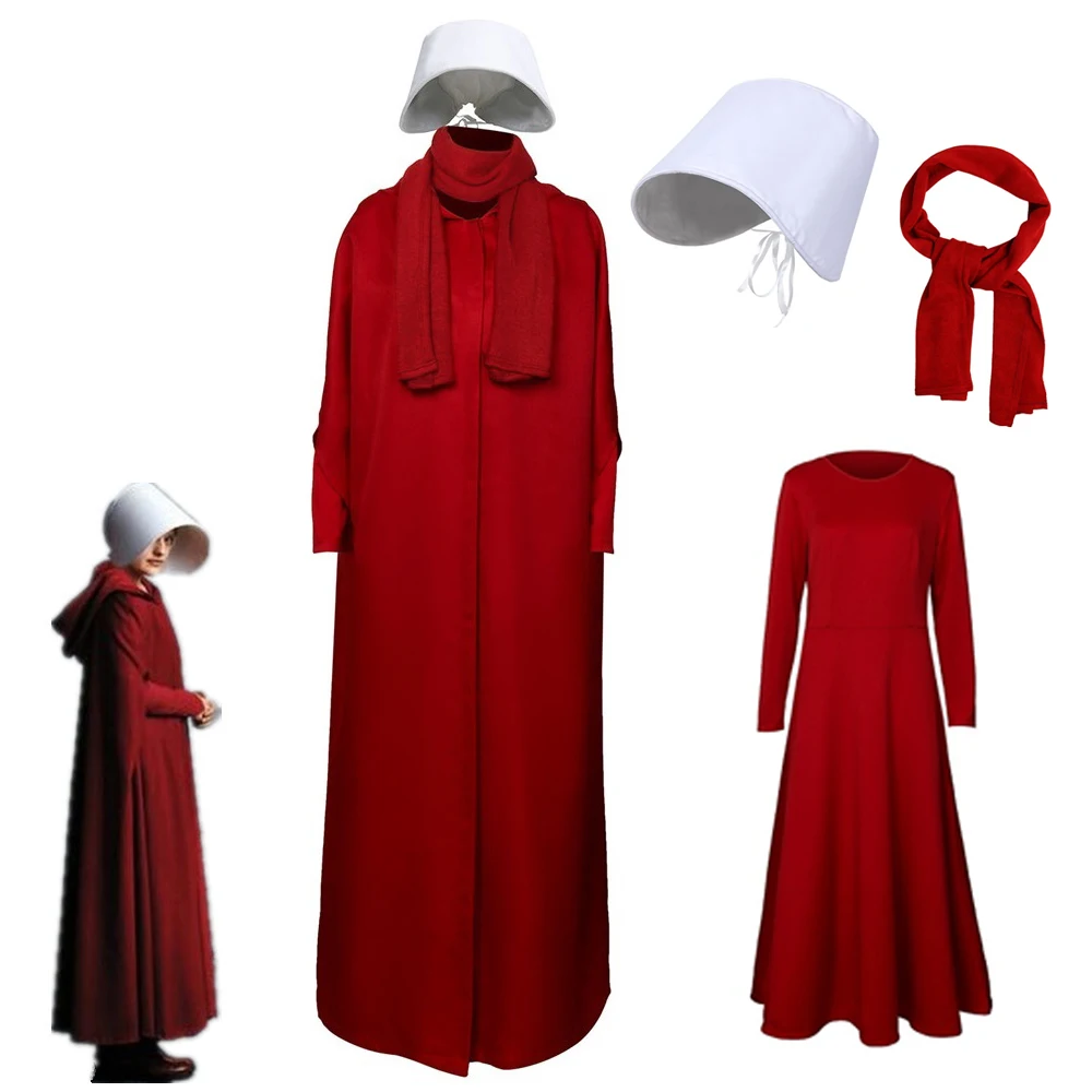 

2019 The Handmaid's Tale Cosplay Costume Handmaid Offrod Woman Red Cloak Dress Scarf White Hat Set Halloween Party Accessories