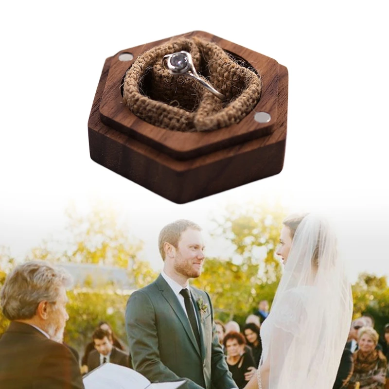 Black Walnut Hexagon Personalized Rustic Wedding Wood Ring Box Holder Wedding Ring Bearer Jewelry Box for  Wedding Engagement