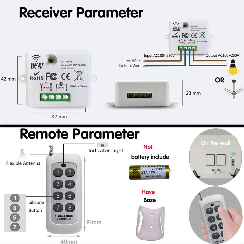 Mini interruptor de luz inteligente inalámbrico con Control remoto, 200M de distancia, 433 Mhz, receptor de relé RF, interruptor Ac220V para ventilador de lámpara Led para el hogar