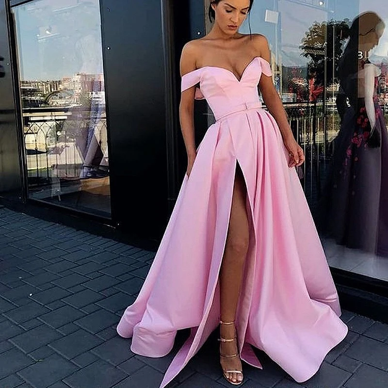 Elegant Uit De Schouder Rode Party Gown Satijn Sexy Prom Dress Sky Blue Hoge Split Plus Size Prom Dresses 2019 lange Vestido Fiesta