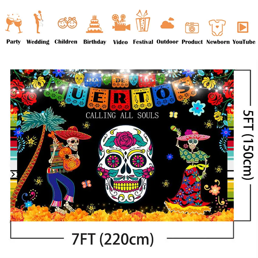 Day of The Dead Backdrop Mexican Fiesta Sugar Skull Photography Background Dia DE Los Muertos Birthday Party Decoration Supplies