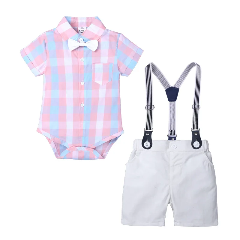 Kids Outfits Bowtie Baby Boys Summer Set Bodysuits Short Pants Suits Tuxedo Shirts Gentleman Suspenders Trousers