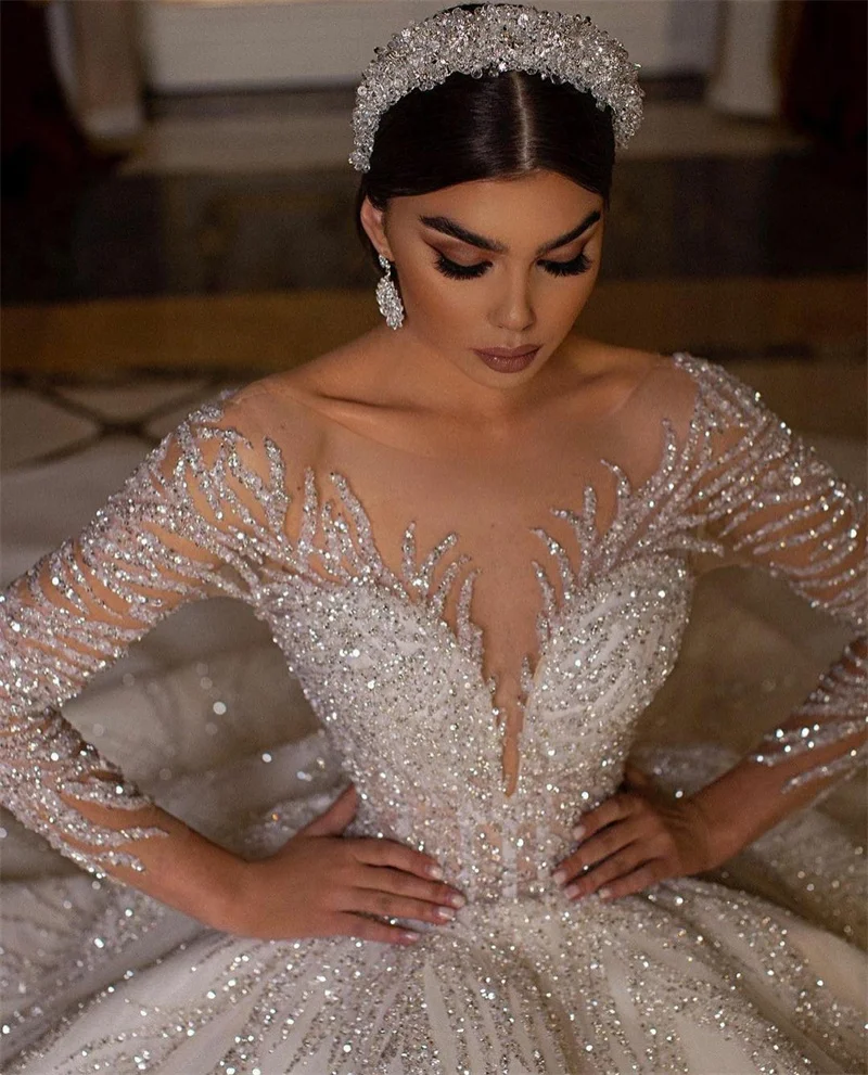 بريق شرارة فساتين الزفاف الخرز الترتر كم طويل زي العرائس طول الأرض مخصص عارية الذراعين Vestido de novia