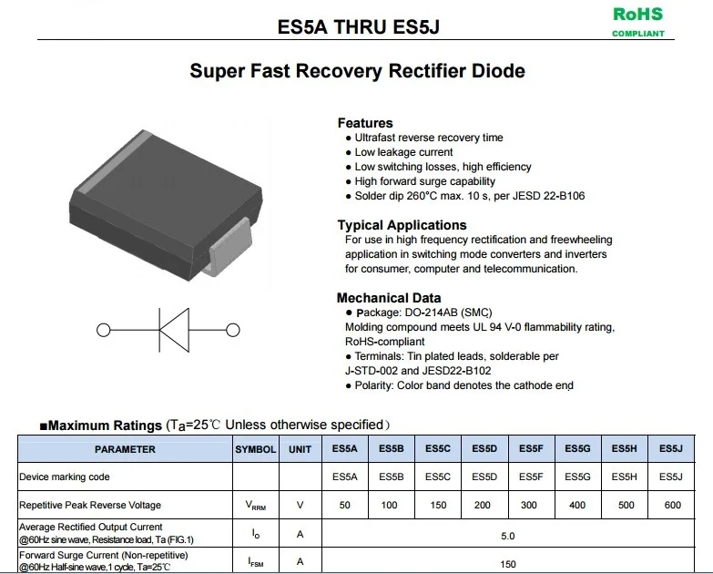 Free shipping  ES5A ES5B ES5D ES5G ES5J ES5K ES5M 5A 50V 100V 200V 400V 600V 800V 1000V  SMC/DO-214AB  Super Fast Rectifiers