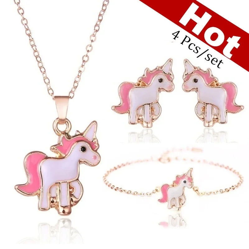 4pcs/set Necklace Earrings Cartoon Unicorn Necklace Earring Jewelry Pink Girls Gift Jewelry Jewelry  Earring and Necklace Set