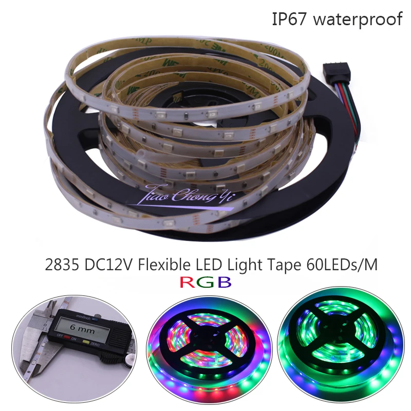 

5M 6mm Width DC12V LED Strip 2835 60led/m 300led/5m RGB Flexible Strip Light IP67 waterproof