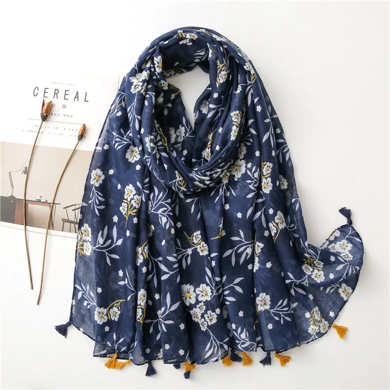 2022 Women Luxury Brand Viscose Scarf Garden Floral Tassel Shawl Spain Style Wrap Pashminas Stole Muslim Hijab Sjaal 180*90Cm