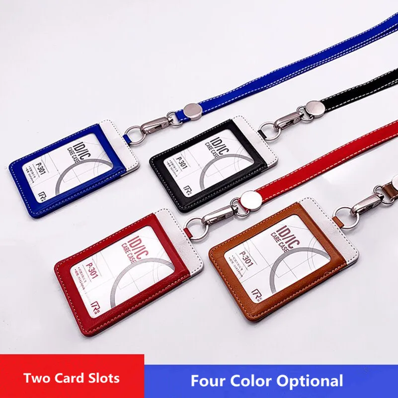 High Quality PU Leather ID Card Badge Holder Business Exhibition Working ID Card Case Name Card Tags With Neck Lanyard